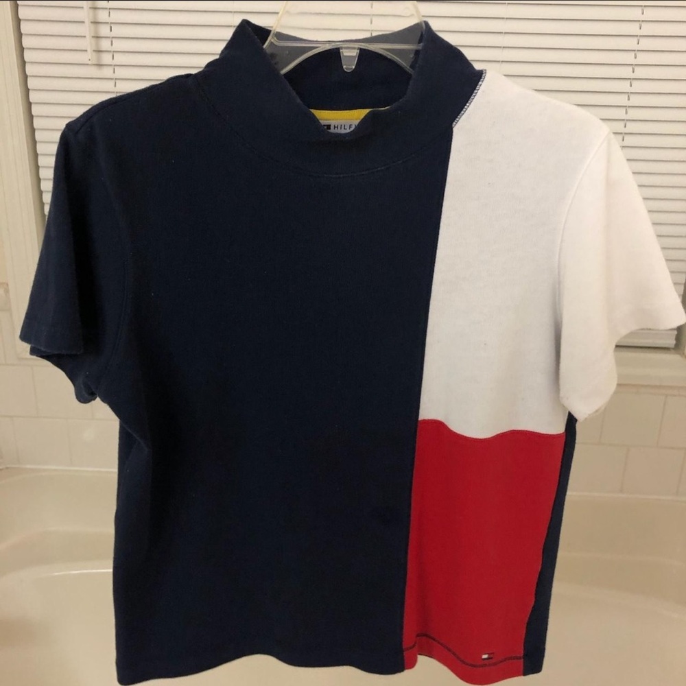 Tommy Hilfiger Black & Red Colorblock Mock Neck Crop Top